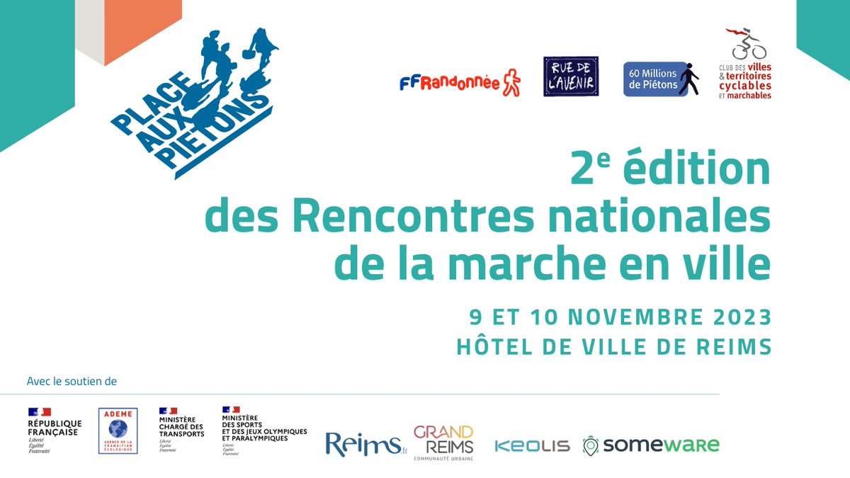 Le collectif "Place aux Piétons" dont 60  millions de piétons est membre fondateur organise  les 2ème Rencontres de la marche en ville se tiennent les 9  et 10 novembre à Reims. Pour vous inscrire et suivre en visio
helloasso.com/associations/f…