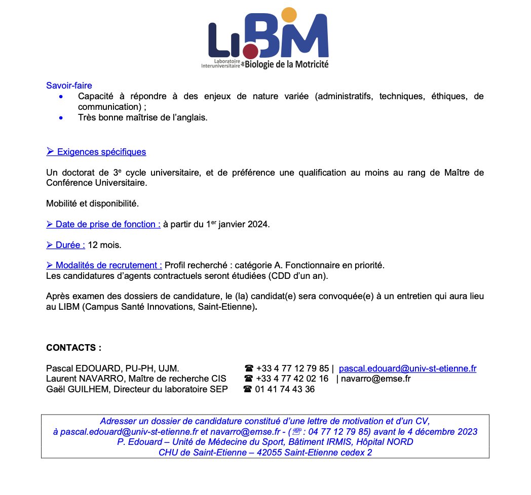 Pascal EDOUARD (@pascaledouard42) on Twitter photo 🚨Poste de Post-Doc🚨
#FULGUR2024 #MachineLearning et prédiction des blessures 🏃♀️🏃♂️
au <a href="/LIBM_lab/">LIBM</a> <a href="/Univ_St_Etienne/">Université Jean Monnet Saint-Étienne</a>
avec <a href="/MINES_StEtienne/">MINES Saint-Étienne</a> <a href="/LaurentNavarro5/">Laurent Navarro</a> +@INSEP_PARIS <a href="/AlRuff9/">Alexis Ruffault</a>
Info📷👇 🚨Poste de Post-Doc🚨
#FULGUR2024 #MachineLearning et prédiction des blessures 🏃♀️🏃♂️
au <a href="/LIBM_lab/">LIBM</a> <a href="/Univ_St_Etienne/">Université Jean Monnet Saint-Étienne</a>
avec <a href="/MINES_StEtienne/">MINES Saint-Étienne</a> <a href="/LaurentNavarro5/">Laurent Navarro</a> +@INSEP_PARIS <a href="/AlRuff9/">Alexis Ruffault</a>
Info📷👇