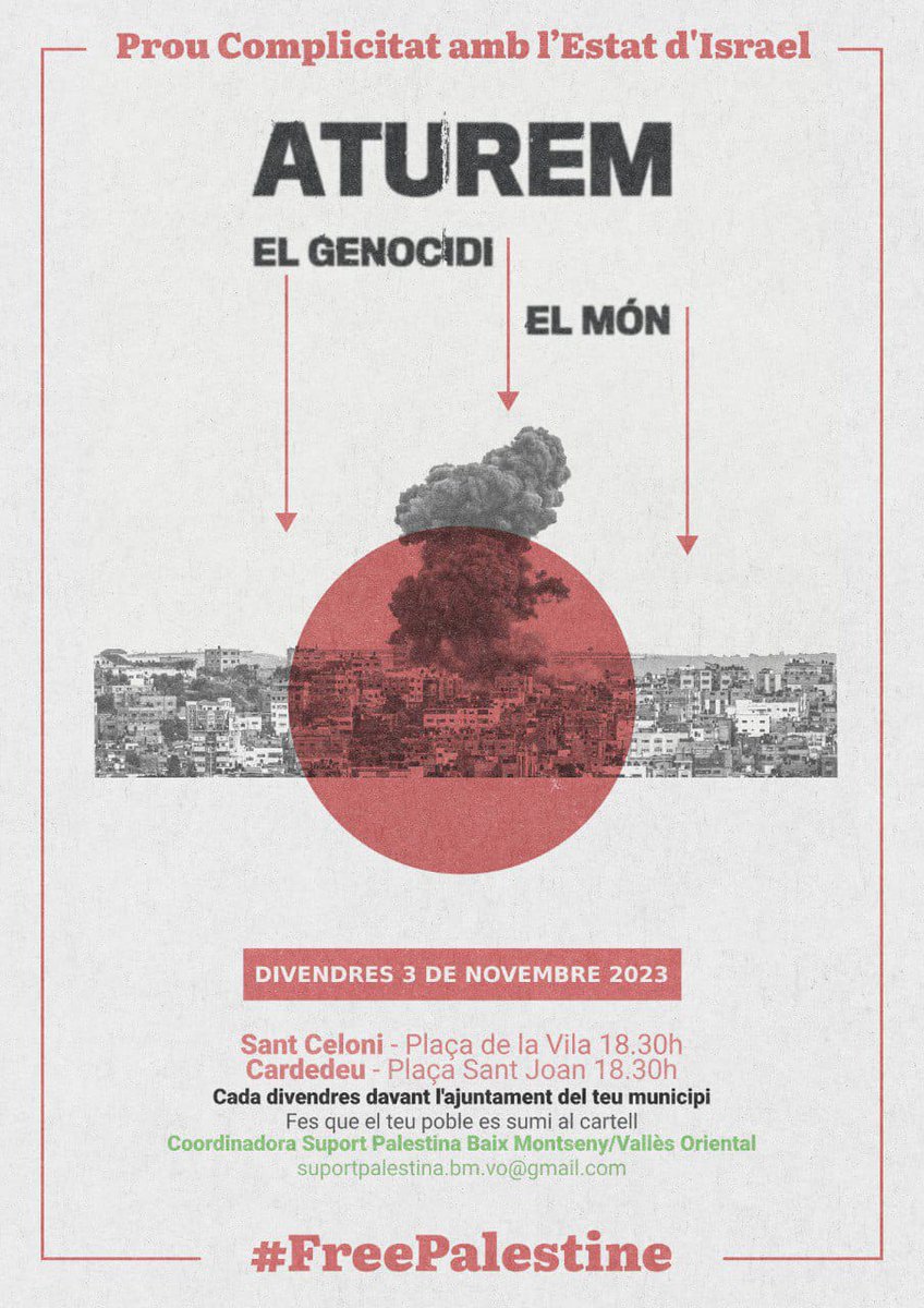 Avui i cada divendres, davant de l'ajuntament.

Plaça Sant Joan. 18:30. 

#FreePalestine