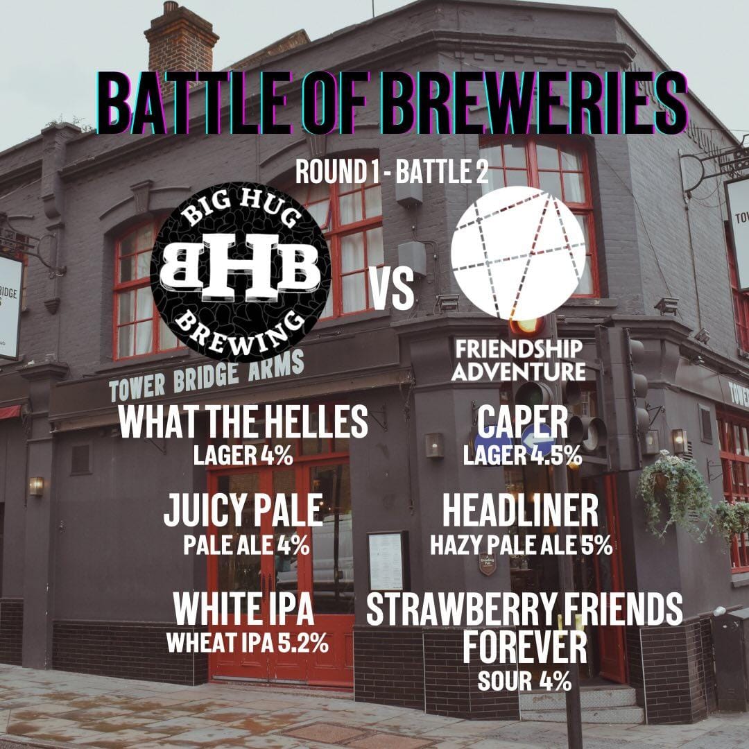 Big Hug Brewing (@bighugbrewing) on Twitter photo Hey #London! WE NEED YOU!
Join us TONIGHT at <a href="/towerbridgearms/">towerbridgearms</a> <a href="/BrewDog/">BrewDog</a> where we Battle the lovely guys at <a href="/FriendBeers/">Friendship Adventure Brewery</a>! Most sales tonight go through to the next round!
Come & join us from 5pm.. 📍SE1 2LL
#FridayNight
#BattleOfTheBreweries Hey #London! WE NEED YOU!
Join us TONIGHT at <a href="/towerbridgearms/">towerbridgearms</a> <a href="/BrewDog/">BrewDog</a> where we Battle the lovely guys at <a href="/FriendBeers/">Friendship Adventure Brewery</a>! Most sales tonight go through to the next round!
Come & join us from 5pm.. 📍SE1 2LL
#FridayNight
#BattleOfTheBreweries
