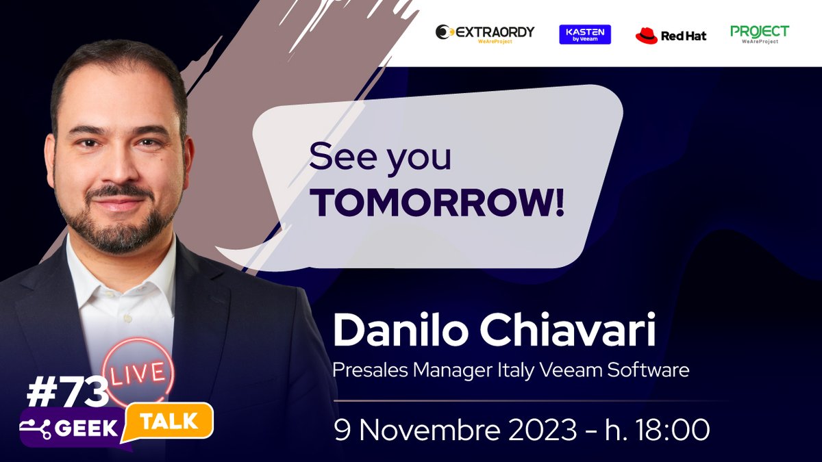 EXTRAORDY - La formazione ufficiale Red Hat (@extraordy) on Twitter photo Giovedì alle 18.00 <a href="/DaniloChiavari/">Danilo Chiavari</a>, Presales Manager Italy Veeam Software ci spiegherà perchè Kasten K10 è l’alleato che non puoi farti sfuggire nella migrazione tra cluster Kubernetes o fornitori cloud diversi.
Non mancare!👉 bit.ly/GeekTalk_Kaste…
#kubernetes #kastenk10 Giovedì alle 18.00 <a href="/DaniloChiavari/">Danilo Chiavari</a>, Presales Manager Italy Veeam Software ci spiegherà perchè Kasten K10 è l’alleato che non puoi farti sfuggire nella migrazione tra cluster Kubernetes o fornitori cloud diversi.
Non mancare!👉 bit.ly/GeekTalk_Kaste…
#kubernetes #kastenk10