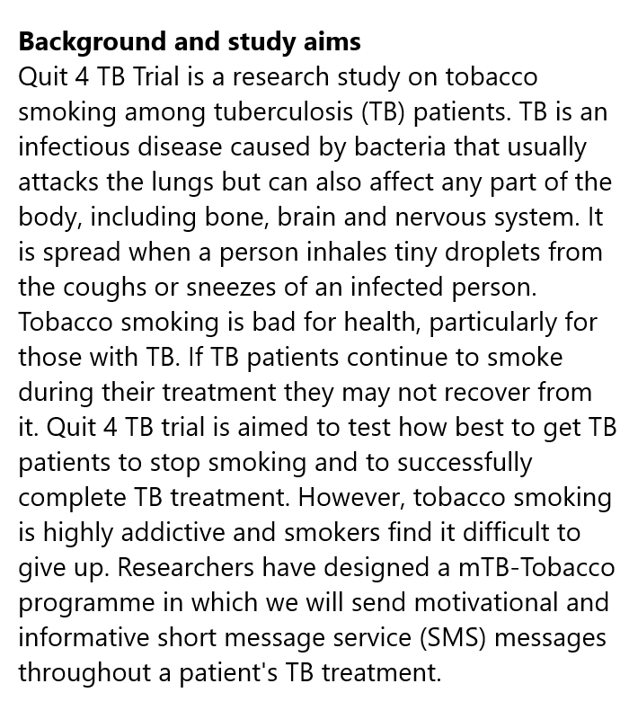Effectiveness and cost-effectiveness of mHealth intervention (mTB-Tobacco) for smoking cessation in people with tuberculosis Read about the new study by @RESPIREGlobal registered at #ISRCTN isrctn.com/ISRCTN86971818