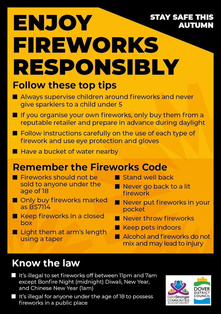 DoverDC's tweet image. It's the calm after the storm and some of you may be looking forward to celebrating Bonfire Night this weekend. Please enjoy fireworks responsibly.
Find out more at dover.gov.uk/bonfirenight where you can also download this poster.
#CommunitySafety #fireworkscode