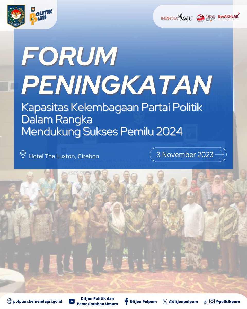 ditjenpolpum's tweet photo. Direktorat Jenderal Politik &amp; PUM melalui Direktorat Poldagri melaksanakan Kegiatan Forum Peningkatan Kapasitas Kelembagaan Partai Politik Dalam Rangka Mendukung Sukses Pemilu 2024 bertempat di The Luxton Kota Cirebon, Jawa Barat. https://t.co/86GCVxcADa