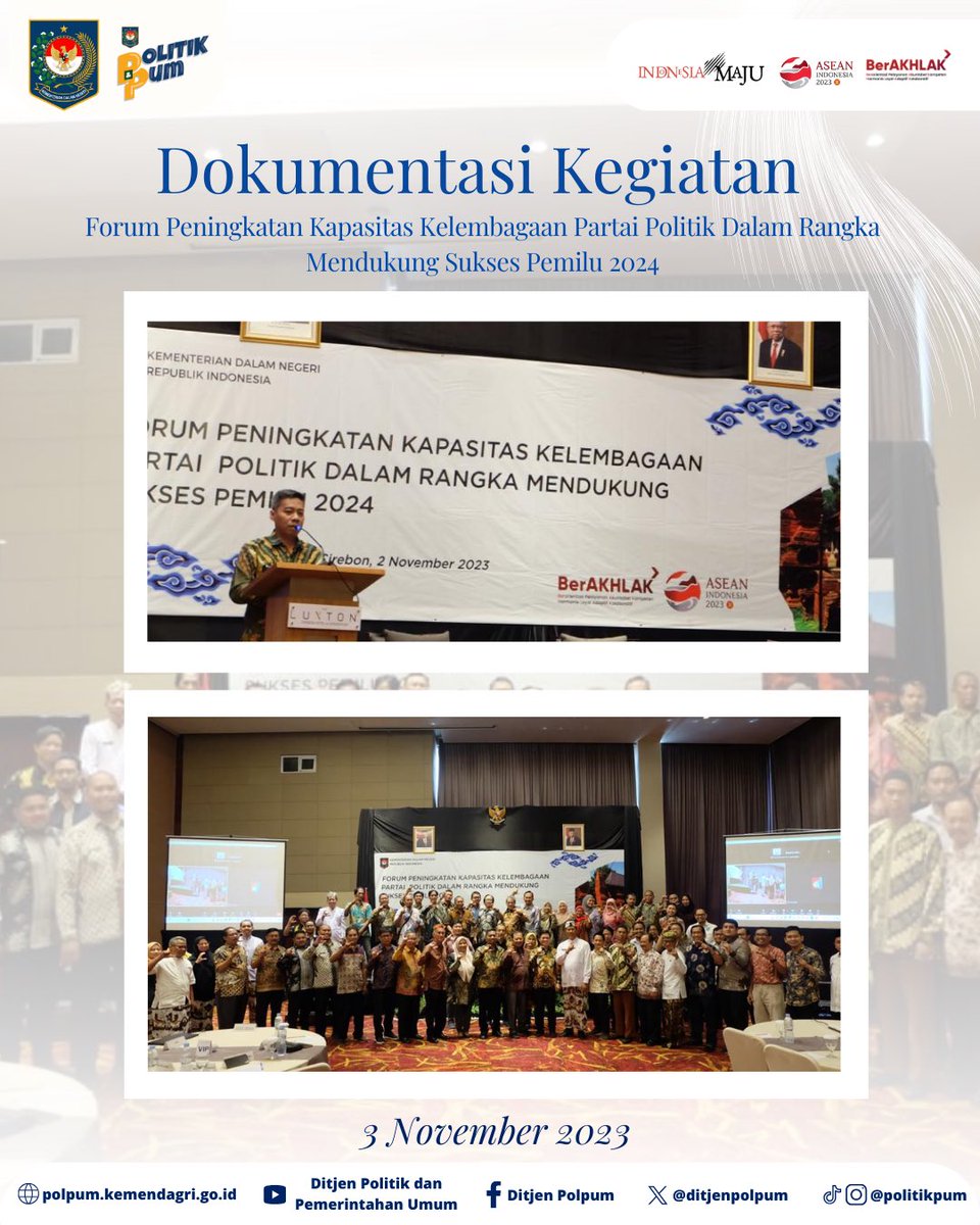 ditjenpolpum's tweet photo. Direktorat Jenderal Politik &amp; PUM melalui Direktorat Poldagri melaksanakan Kegiatan Forum Peningkatan Kapasitas Kelembagaan Partai Politik Dalam Rangka Mendukung Sukses Pemilu 2024 bertempat di The Luxton Kota Cirebon, Jawa Barat. https://t.co/86GCVxcADa