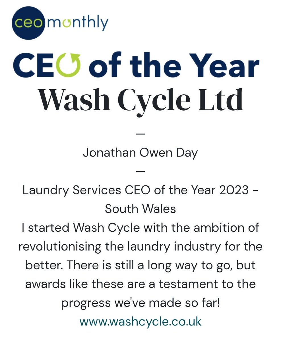 WashCycleLTD's tweet photo. We won another award! Our founder has been awarded CEO of the Year in the Laundry Service Category in South Wales! A fantastic achievement and one we are very proud of! Thank you @CEO_Monthly!

#award #awardwinning #thebest #winning #Cardiff #laundry #business #ceo #ceolife https://t.co/tUpF3RkLqz