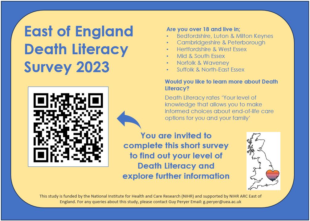 Can you help provide a vital insight to the understanding of end of life care? This study is funded by the @NIHRresearch & supported by NIHR ARC East of England. Read more below ueapsych.eu.qualtrics.com/.../SV_eESYQOu…