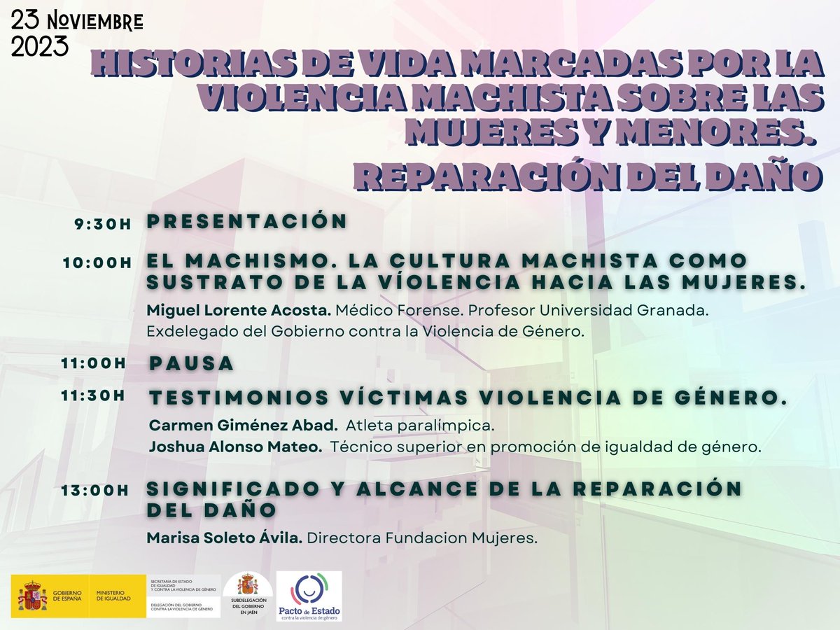 Subdelegación del Gobierno en Jaén (@subdegobjaen) on Twitter photo Está dirigida a FCSE, Cuerpo Nacional de Policía, Guardia Civil, Policías Locales, Profesionales de Servicios Sociales, Salud, Educación, Empleo, Centros de la Mujer y Asociaciones de Mujeres.
Inscripciones en: 👇🏼violenciagenero.jaen@correo.gob.es Está dirigida a FCSE, Cuerpo Nacional de Policía, Guardia Civil, Policías Locales, Profesionales de Servicios Sociales, Salud, Educación, Empleo, Centros de la Mujer y Asociaciones de Mujeres.
Inscripciones en: 👇🏼violenciagenero.jaen@correo.gob.es