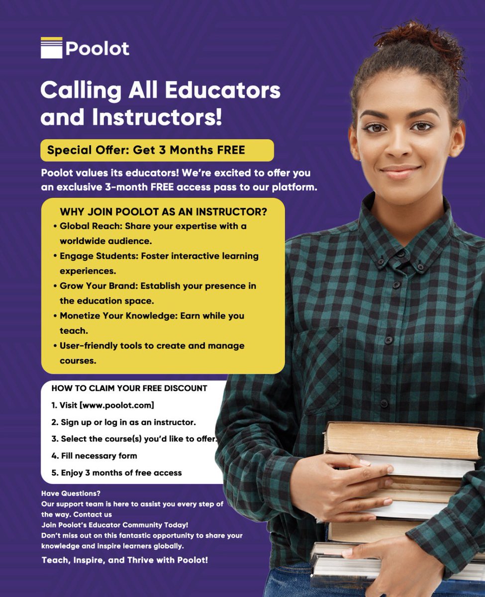 poolothq's tweet photo. Educators and instructor's; Get 3 months FREE access to Poolot, a platform to share your expertise, create interactive learning experiences, and monetize your knowledge!
.
.
.
#educators
#instructors
#eductech
#Tech
#poolot https://t.co/brNqhQcApo