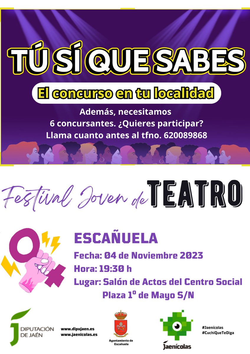 dipujaen's tweet photo. 📢Este fin de semana comienzan las actividades del Mes de la Juventud organizadas por @dipujaen @jaenicolascuchi 

🗓️4 de noviembre
🎤Jaenícolas Fest - #Ibros 
🎭Festival Joven de Teatro - #Escañuela

#Jaenícolas #CuchiQueTeDiga #MesdelaJuventud https://t.co/kPMEncdp7C