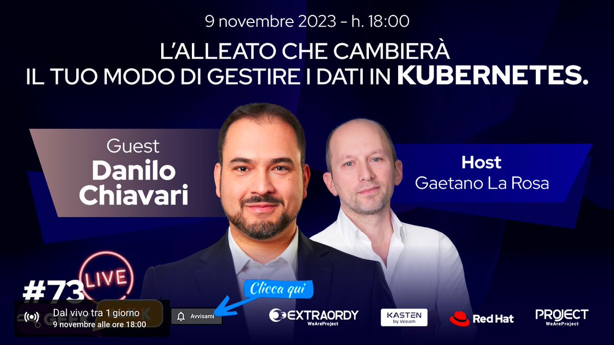 EXTRAORDY - La formazione ufficiale Red Hat (@extraordy) on Twitter photo Rivoluzione nella sicurezza dei dati: scopri i segreti e le novità di Kasten K10!
Non perdere il #GeekTalk con <a href="/DaniloChiavari/">Danilo Chiavari</a>, Presales Manager Italy <a href="/Veeam/">Veeam® Software</a> Software.
In live stasera alle 18.00 su bit.ly/GeekTalk_Kaste…
#EXRAORDY #kubernetes #kastenk10 #opensource Rivoluzione nella sicurezza dei dati: scopri i segreti e le novità di Kasten K10!
Non perdere il #GeekTalk con <a href="/DaniloChiavari/">Danilo Chiavari</a>, Presales Manager Italy <a href="/Veeam/">Veeam® Software</a> Software.
In live stasera alle 18.00 su bit.ly/GeekTalk_Kaste…
#EXRAORDY #kubernetes #kastenk10 #opensource