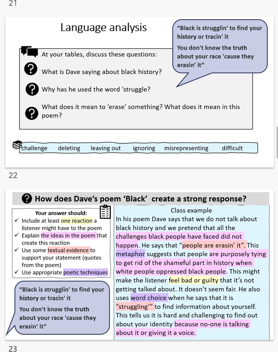 AnnaGrantENG's tweet photo. S2 are responding so well to this unit on Poetry of Protest and Empowerment. We are championing black writers and black voices, developing analysis skills.

These conversations are can be challenging but are important. Read on to see their writing 🤯 https://t.co/DNJklN5dOP