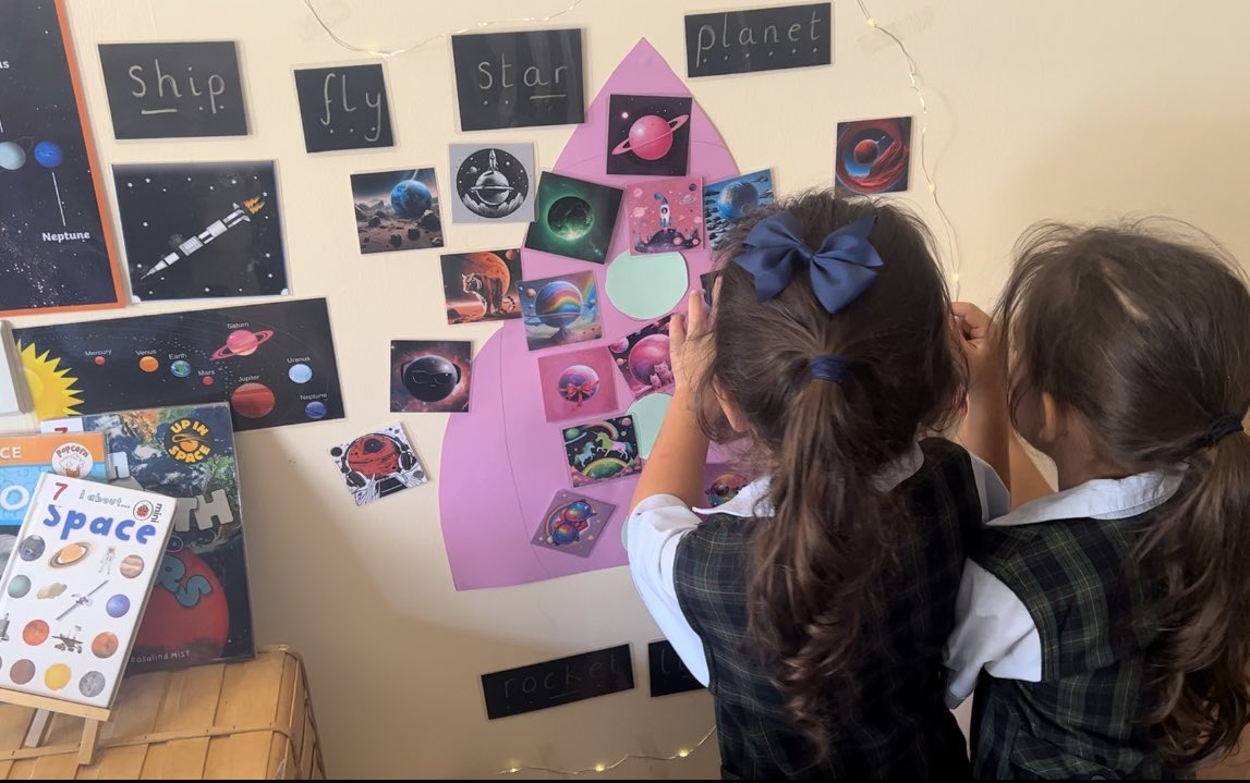 missmitchellECT's tweet photo. AI in Early Years! We used Canva AI tool to allow the children to create their own planets. Inspired by our new space station, they thought of wild ideas for their own planets. Sparked amazing conversation and encouraged them to be very specific with their idea.🚀🌏 #aiclassroom https://t.co/EResF03pDa