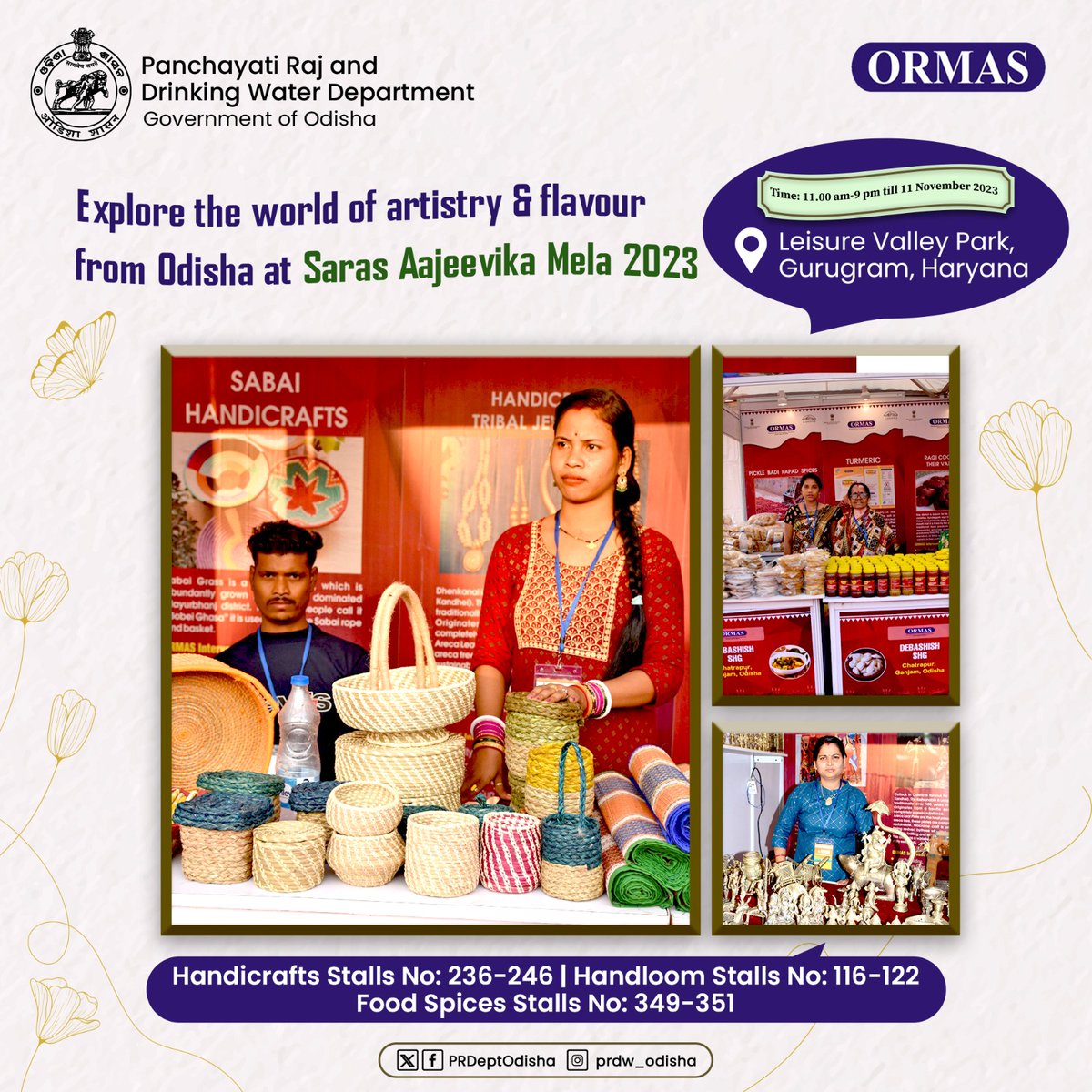 Experience the magic of @ormas_odisha stalls at #SarasAajeevikaMela2023 at Leisure Valley Park, Gurugram, Haryana. Discover timeless handloom, handicrafts & aromatic food spices prepared by #WomenProducerGroups from #Odisha.
#SarasMeinHum #OdishaHandloom #OdishaHandicraft