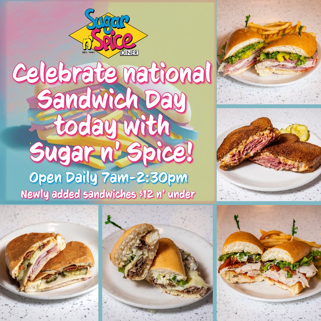 EatSugarNSpice's tweet photo. 🥪Newly added sandwiches just in time to celebrate National Sandwich Day!🥪

#eatsugarnspice #cincinnati #OTR #BlueAsh #snsducks https://t.co/wlyv4GqSCw