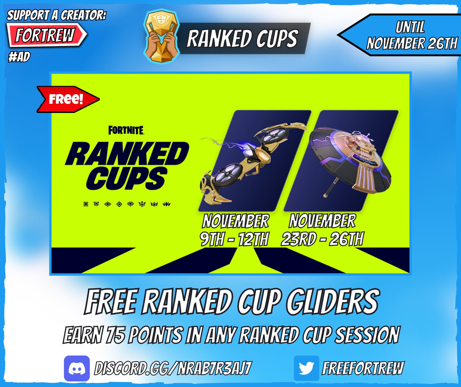 Free Fortnite Rewards on X: Free Ranked Cup Gliders Earn at least