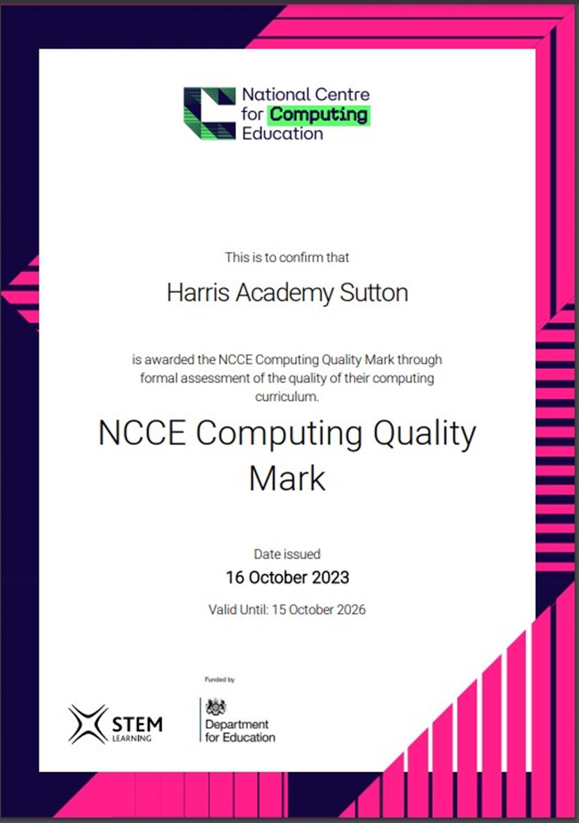 HarrisSutton1's tweet image. We’re delivering great computing education!
We are proud to announce that we’ve achieved the Computing Quality Mark, from the National Centre for Computing Education, recognising the outstanding provision across our school. 🌟🌟🌟@wearecomputing #Computingqualityframework #compqf