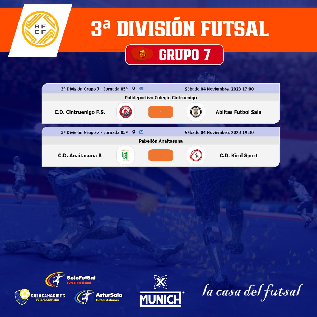 SoloFutSal_'s tweet photo. 🟧 3⃣ª DIVISIÓN FUTSAL - GRUPO 7⃣ 
📆 5ª JORNADA /⏰HORARIOS

✍️ Consulta los horarios de la jornada
📎 https://t.co/NU6BC0ktvz 

🔀 Visita los perfiles de los equipos de la categoría 
@FsalaUnav @Cintruenigofs #ablitasfs @AD_SanJuan @aralarmendifs @anaitasunafs @CD_KirolSport @GazteBerriak_fs @CDIbararte @olitefs  @CDIbararte @ardoifutbol #BurlataFutbolEskola

#FutSal | #Navarra | #SoloFutsal | #3DvsFutSalG7 #