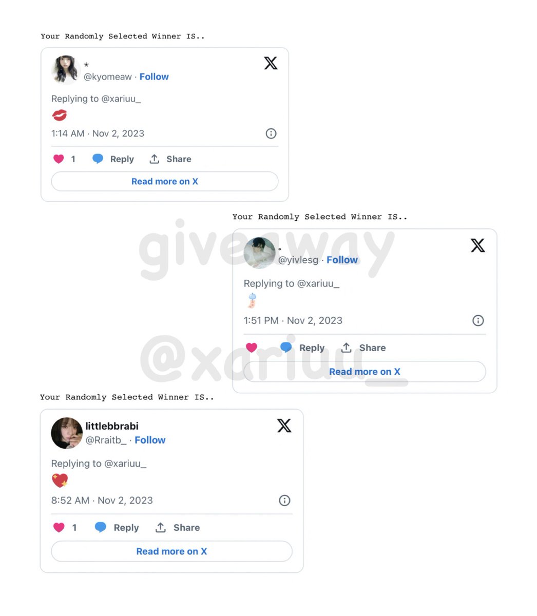 ⠀
⠀random ได้ผู้โชคดีทั้ง 3 คนแล้วค่า
⠀เมนชั่นรายงานตัวใต้ทวิตนี้ภายใน 2 ชม. น้า

⠀❕@kyomeaw 
⠀❕ <a href="/yivlesg/">𐙚</a> 
⠀❕ @Rraitb_ 
⠀