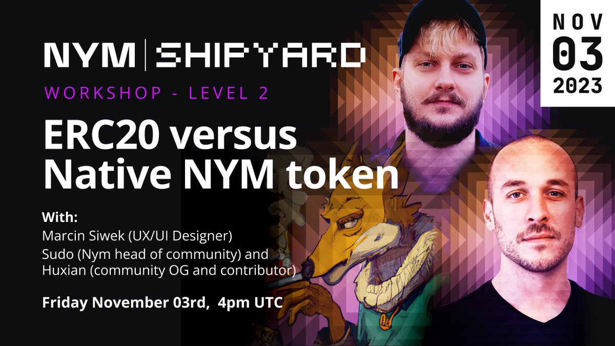 #NymWerft endet morgen! 🔥

Doch heute findet unser letzter Workshop statt, in dem es um den $NYM-Token geht! ERC20 vs. Native NYM und die Möglichkeiten des Umtauschs werden thematisiert.
Mit Nym UI/UX-Designer Marcin.

 17:00 MEZ

bit.ly/3sau6bp 
bit.ly/495Xsbr