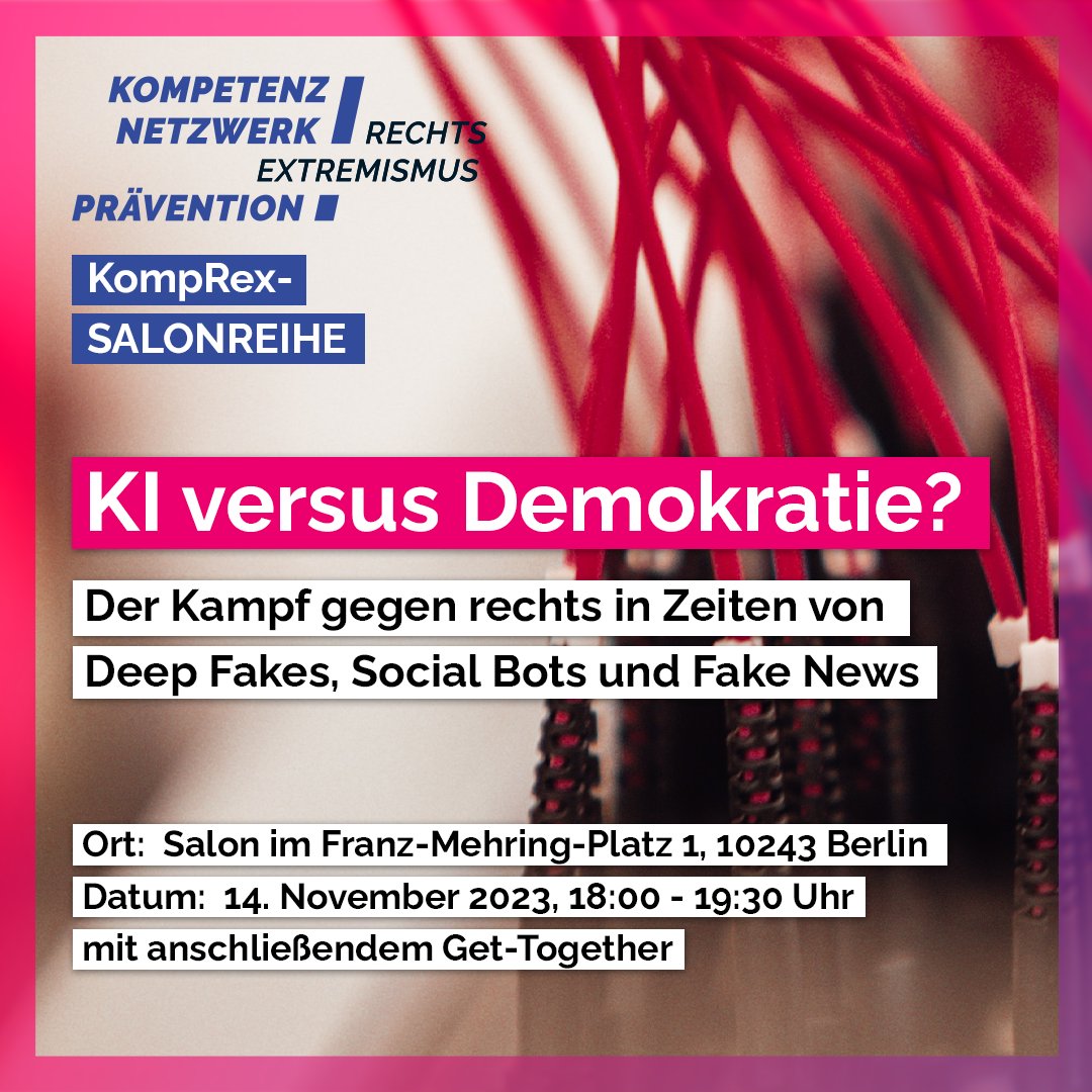 Welche Herausforderungen bringen #DeepFakes, #SocialBots oder #FakeNews?

Diskutiert mit uns am 14.11.
Die Veranstaltung ist kostenfrei.

Bitte meldet euch an:
👉 gesichtzeigen.de/anmeldung-ki-v…

#gesichtzeigen #KIvsDemokratie #komprex
@MarikeTripp <a href="/JaMannAhoj/">Johanna Maj Schmidt</a> <a href="/SebFriedrich/">Sebastian Friedrich</a> <a href="/FMP1_Berlin/">FMP1</a>