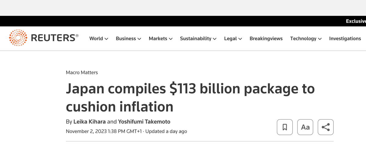 🇯🇵 Japan stimmt einem $113 MRD. Konjunkturpaket zur Ankurbelung der von steigender Inflation geplagten Wirtschaft zu. 💰

Um das zu finanzieren, werde die Regierung einen Nachtragshaushalt für in Höhe von $87,2 MRD. aufstellen. 💸

😅 Die ersten Regierungen werden schwach...