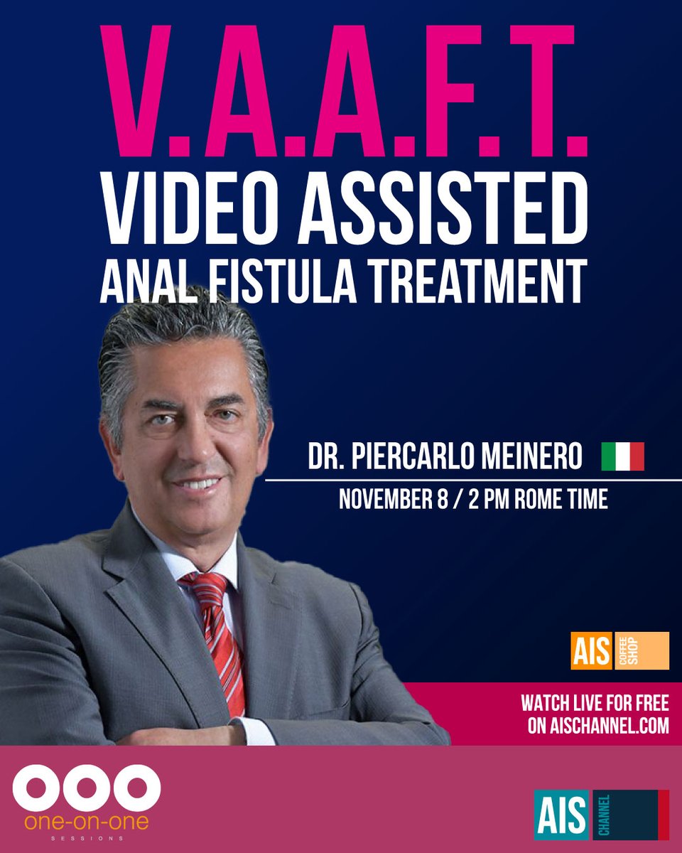 AISMedicalNet's tweet photo. 📅 Save the date! Join us on Nov 8 at 2pm Rome Time for a free One on One Q&amp;A session with Dr. Piercarlo Meinero on Video Assisted Anal Fistula Treatment. Register now at 🌐https://t.co/bTzGrVn8Et #VAFT #AISChannel #FistulaTreatment #IamAIS #some4surgery https://t.co/1W3YcVmRxA