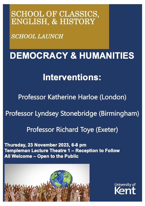 Kentiquity: Classics & Archaeology @KentUni (@kentiquity) on Twitter photo We're proud to announce the public launch of our new School on 23 November! See a stellar lineup of Classics, English, and History professors discuss #Democracy and the #Humanities.
Reception to follow. All are welcome!
<a href="/UniKentAlumni/">Kent alumni</a> <a href="/UniKentHistory/">School of History at the University of Kent</a> <a href="/ArtsHumsUniKent/">Arts & Humanities at @UniKent</a> We're proud to announce the public launch of our new School on 23 November! See a stellar lineup of Classics, English, and History professors discuss #Democracy and the #Humanities.
Reception to follow. All are welcome!
<a href="/UniKentAlumni/">Kent alumni</a> <a href="/UniKentHistory/">School of History at the University of Kent</a> <a href="/ArtsHumsUniKent/">Arts & Humanities at @UniKent</a>