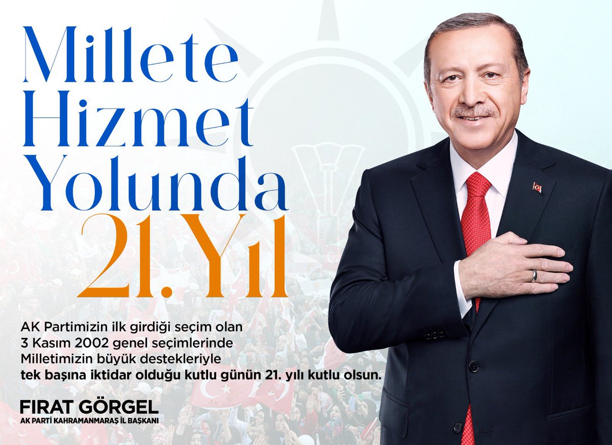 Bugün, AK Partimizin ilk girdiği seçim olan #3Kasım2002 genel seçimlerinde Milletimizin büyük destekleriyle tek başına iktidar olduğu kutlu günün 21. yıl dönümü. 

#MilleteHizmetYolunda ilk günkü aşk ve heyecanla, ömrünü milletine adayan Cumhurbaşkanımız Sayın Recep Tayyip