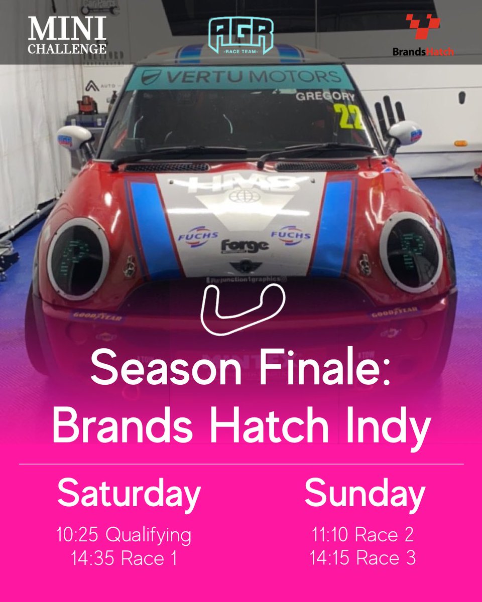 Here we are… one last round! Today is all about testing but here are the key times for this weekend. Watch the action live on the BARC YouTube channel!

📺 youtube.com/@britishautomo… 

#AshleyGregoryRacing #MINIChallengeUK #Trophy #Racing #GirlPower #WomenInRacing #ChasingTheDream