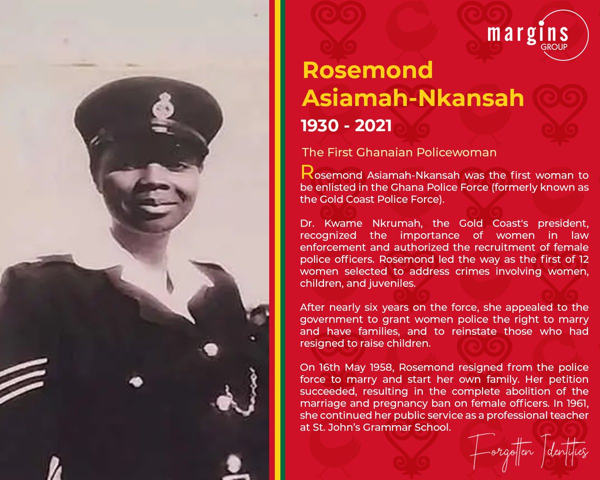 MarginsGroup's tweet photo. In today’s #forgottenidentites, we delve into the life of Ghana’s first female police officer, Rosemond Asiamah-Nkansah. Read more to find out about her massive contribution to the police force for women. #MarginsGroup #GhanaHistory https://t.co/pAkqK5eHod