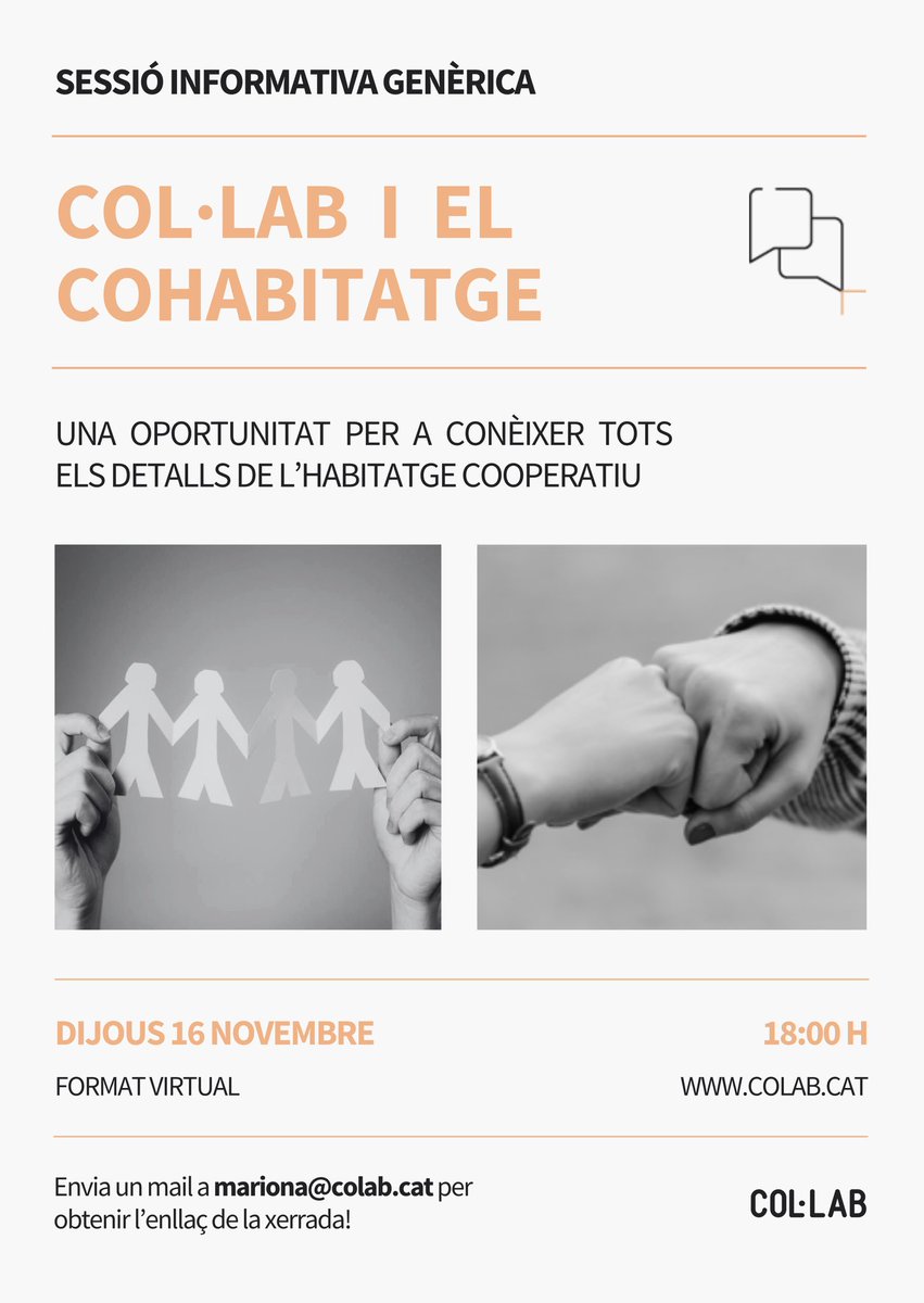 🌟 T’agradaria conèixer més sobre l’habitatge cooperatiu i entrar en detall amb tots els beneficis que ofereix? 

Això t’interessarà!!!! 

💬 Sessió informativa
🗓️ Dijous 16 de novembre
🕕 A les 18 h
📱 Format virtual
