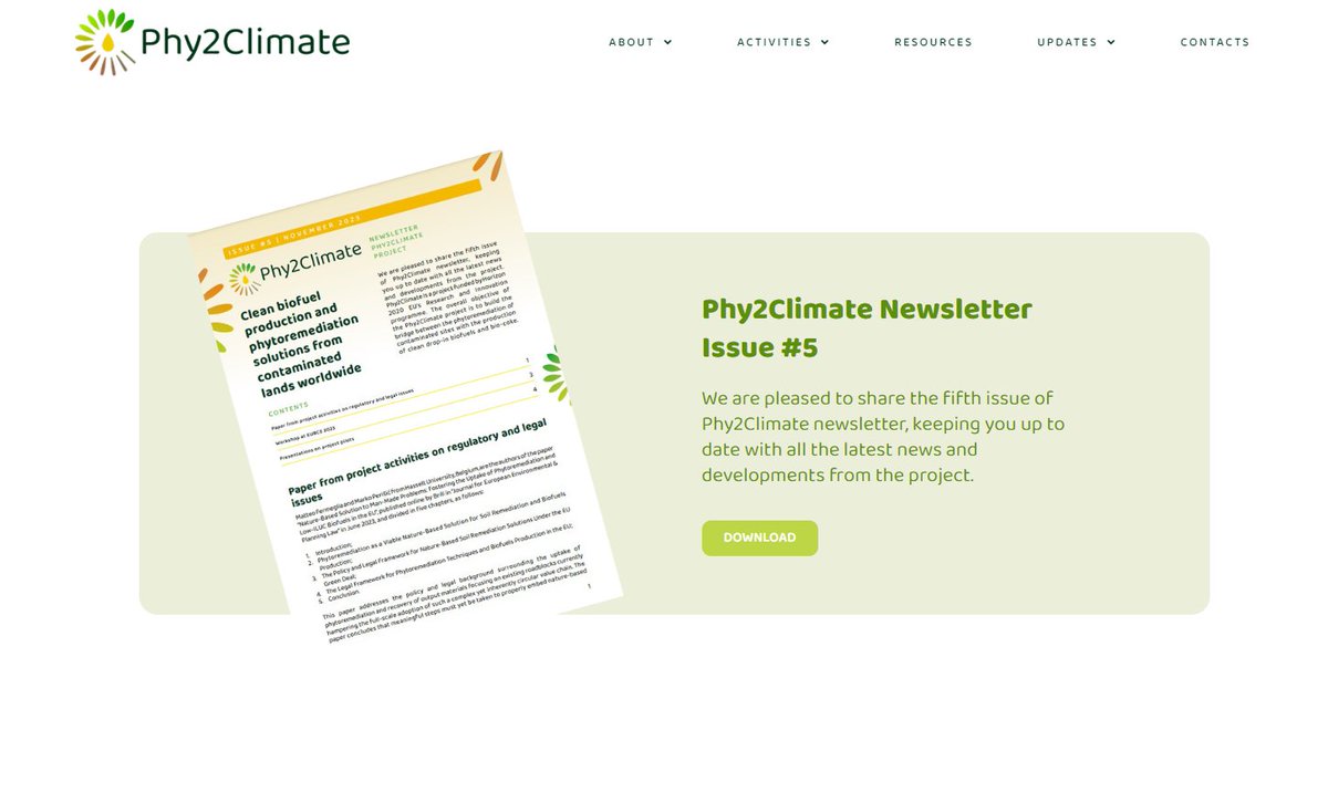 We are pleased to share the fifth issue of @phy2climate #newsletter: 
- New paper on regulatory and legal issues,
- Workshop at @EUBCE 2023,
- Presentations on project pilots.
 
👉phy2climate.eu/news
🌿
#phytoremediation
#soil
#energycrops
#biofuels
#sustainable
#cooperation