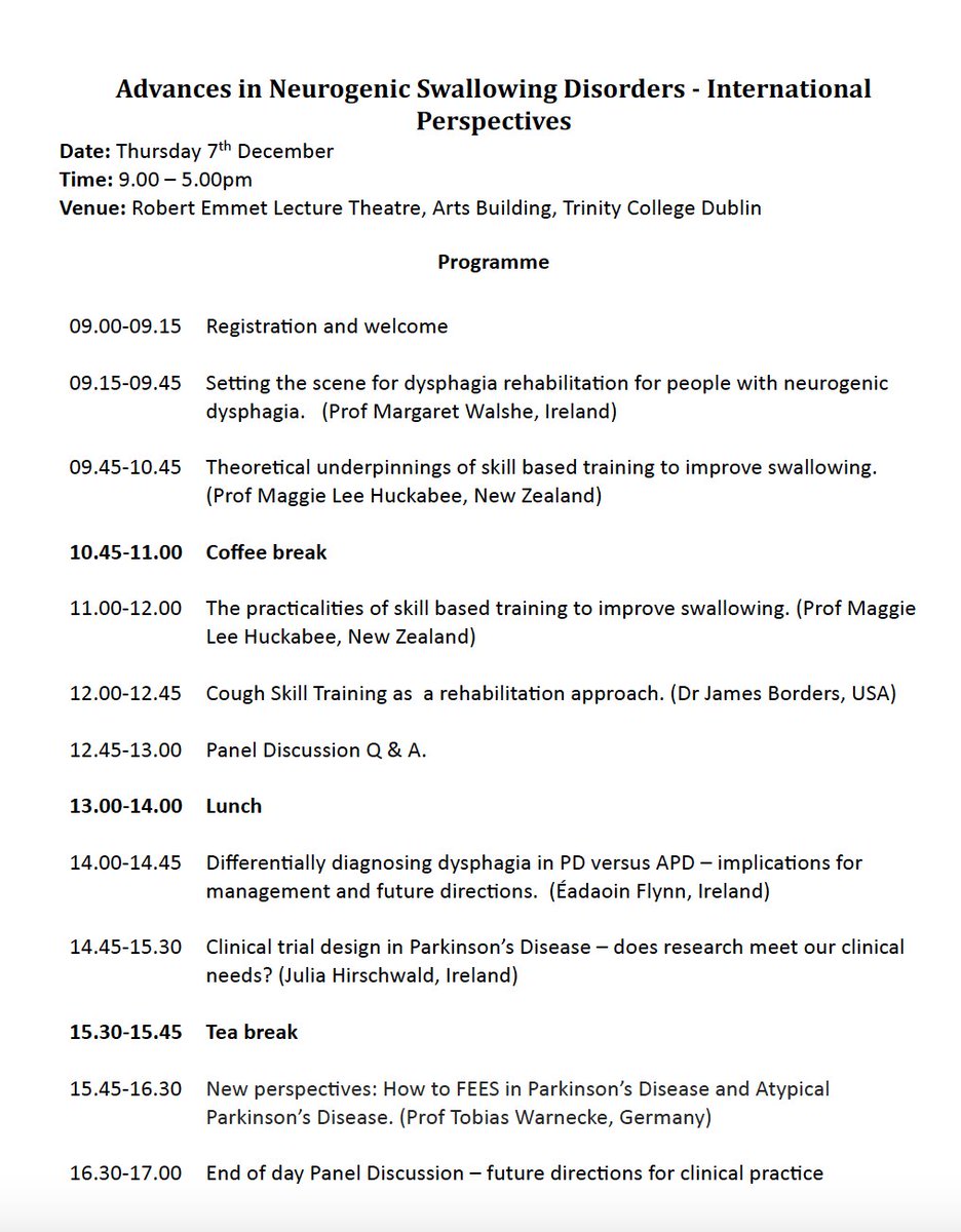 Margaret Walshe (@walshemargaret) on Twitter photo Great opportunity to come and join Prof Maggie Lee Huckabee, Dr James Borders
and Prof Tobias Warneke as well as our own fabulous PhD students <a href="/JuliaHirschwald/">Julia Hirschwald</a> <a href="/Eadaoin_Flynn/">Eadaoin</a>.
See tcd.ie/slscs/clinical…. <a href="/dysphagiasigire/">Irish Adult Dysphagia SIG</a> <a href="/TUH_SLT/">Tallaght University Hospital SLT Dept</a> <a href="/HSCPsSVUH/">Health and Social Care Professions SVUH</a> <a href="/TCD_SLT/">TCD Postgrad SLT</a> Great opportunity to come and join Prof Maggie Lee Huckabee, Dr James Borders
and Prof Tobias Warneke as well as our own fabulous PhD students <a href="/JuliaHirschwald/">Julia Hirschwald</a> <a href="/Eadaoin_Flynn/">Eadaoin</a>.
See tcd.ie/slscs/clinical…. <a href="/dysphagiasigire/">Irish Adult Dysphagia SIG</a> <a href="/TUH_SLT/">Tallaght University Hospital SLT Dept</a> <a href="/HSCPsSVUH/">Health and Social Care Professions SVUH</a> <a href="/TCD_SLT/">TCD Postgrad SLT</a>