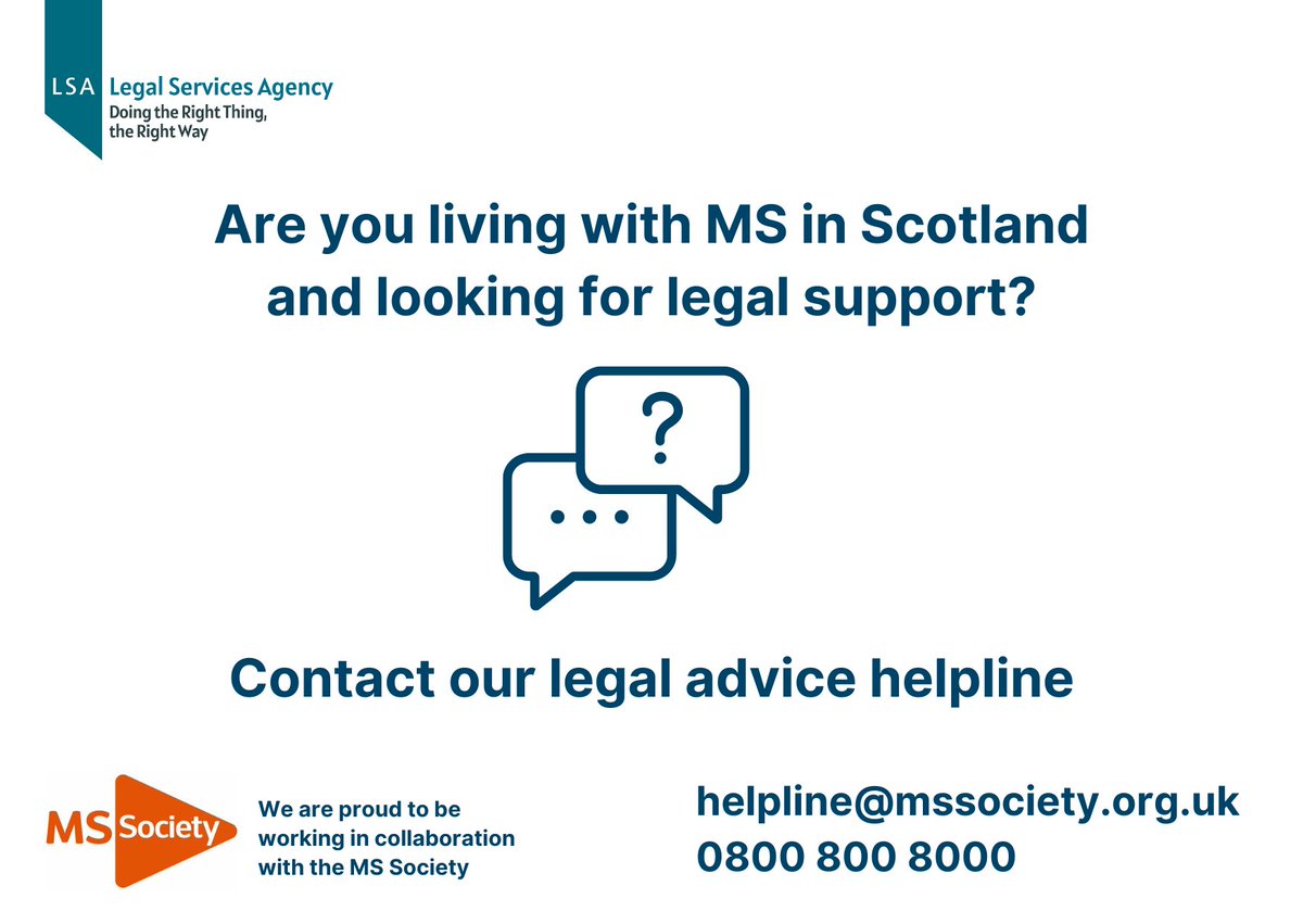 LSAlawcentre's tweet photo. LSA provides a legal advice helpline in collaboration with @mssocietyscot for those living with MS.      

The helpline is open today from 9am to 5pm.      

For more information please call 0800 800 8000 or visit: https://t.co/DFH6WAIiDV https://t.co/XnInva4DSu