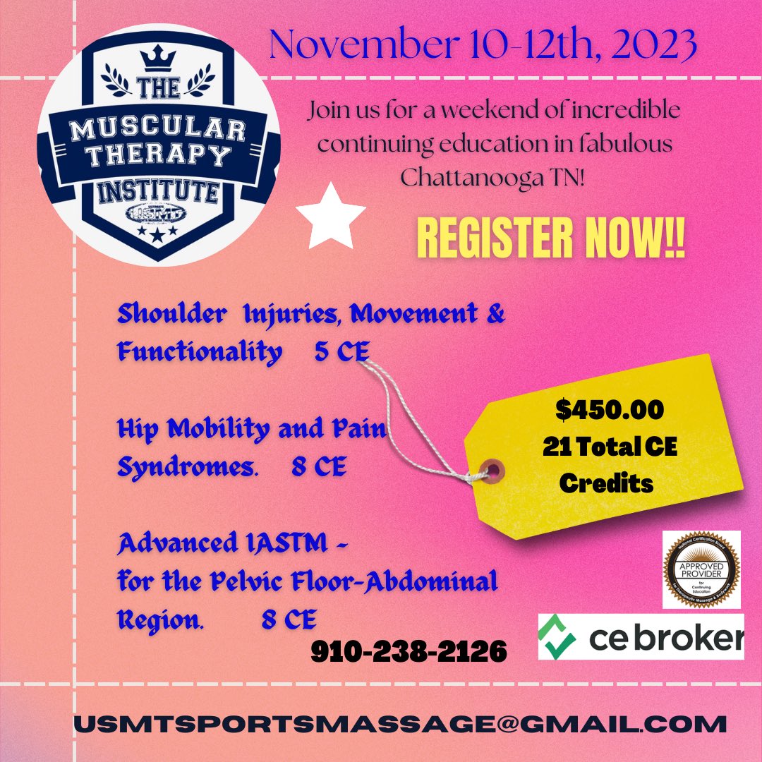 Final week of Registration ~ don’t miss out on an incredible opportunity to earn CE credits and net work with Amazing fellow massage therapist!   
The CE Educational weekend is almost sold out to capacity- 3 spots left!! 
Act Now!
musculartherapyinstitute.org