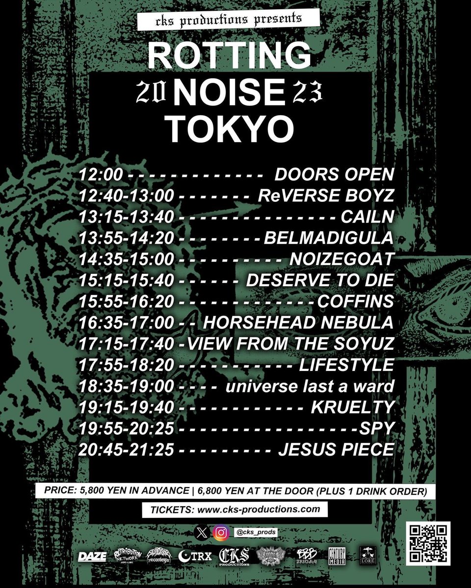 noizegoat's tweet photo. <取り置き受付中!>
2023.11.04 SAT@GARDEN 新木場 FACTORY
CKS pre."ROTTING NOISE TOKYO 2023"
w/
#JESUS PIECE (USA)
#SPY (USA)
#KRUELTY
#universelastaward
#BELMADIGULA
#CAILN
#COFFINS
#DESERVETODIE
#HORSEHEADNEBULA
#LIFESTYLE
#ReVERSEBOYZ
#VIEWFROMTHESOYUZ
Distro: Retribut https://t.co/GJIk89GYBY