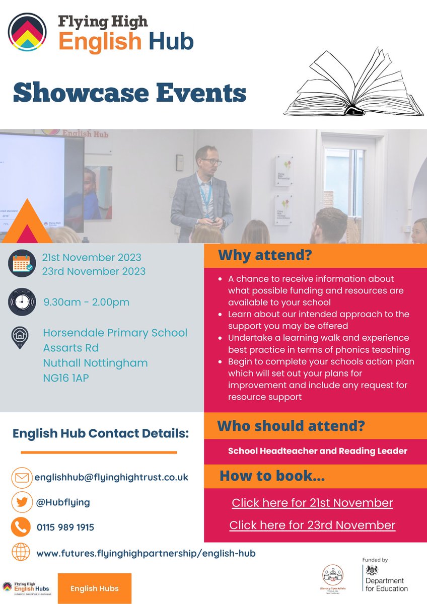 HubFlying's tweet photo. Are you interested in finding out about the support Flying High English Hub can offer your school?
Join us on 21st or 23rd November for our Showcase events to hear more!
BOOK HERE -
21st Nov - https://t.co/Mdu3180v6w
23rd Nov - https://t.co/zeJqaVY3Qx https://t.co/F8l9pAAUxR