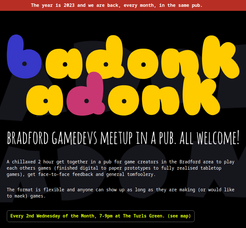 See You Next Wednesday.

This is you're surprisingly early reminder that the monthly #Bradford #GameDev meetup in a pub is next week on the 8th of November.

Would you like to know more?

xixs.com/badonkadonk/in…

discord.gg/Yu79Q7nu

#BDdonk