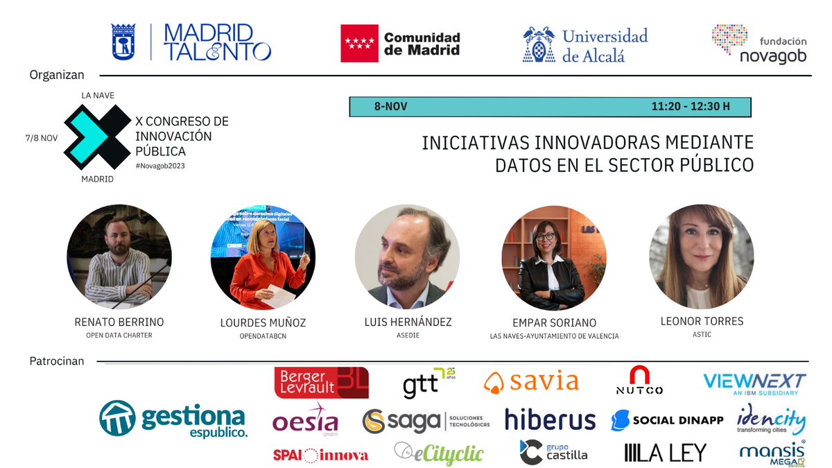 #Novagob2023 

👉 "Iniciativas innovadoras mediante datos en el sector público"  

🗣️ Con <a href="/Renatombm/">Renato Berrino Malaccorto</a>, <a href="/lourdesmunoz/">lourdes Muñoz</a>, Luís Hernández (<a href="/Asedie_/">Asedie</a>), <a href="/EmparSoriano/">Empar Soriano</a> y <a href="/torresleonor/">Leonor Torres</a> 

📆 8-nov
🕙 11:20 - 12:30 h.