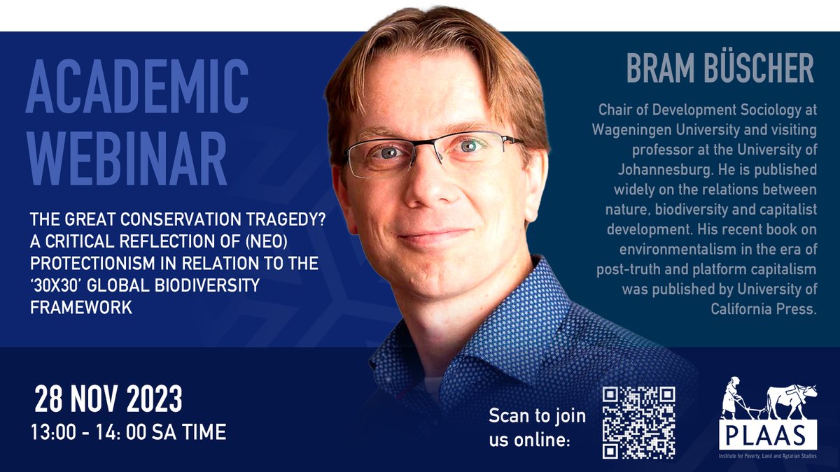 [𝗪𝗘𝗕𝗜𝗡𝗔𝗥]: 'The Great Conservation Tragedy?' Professor Bram Büscher will discuss the intricate relationships between nature, biodiversity, and capitalist development.

📅 28 November 2023
⏰13:00 to 14:00 SAST

Register here: loom.ly/Tp0L9qo