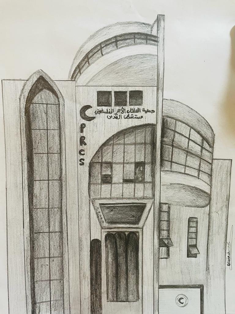 ifrc's tweet photo. Amidst the devastation, a remarkable child has displayed exceptional artistic talent, creating beautiful artworks, including a drawing of Al-Quds Hospital. 

This child and her family now reside at the Hospital, following their displacement from northern #Gaza.
@PalestineRCS https://t.co/Cxs7GT8q5l