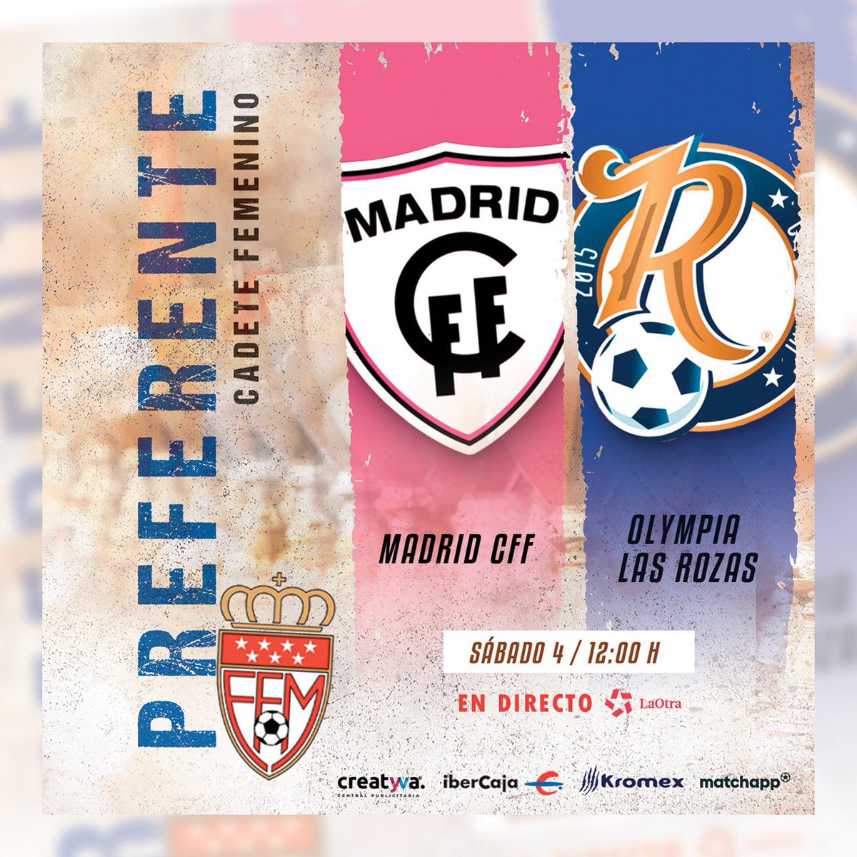 📺 <a href="/laOtraTM/">laOtra</a> 

🔜 Mañana sábado a partir de las 12:00 tienes una cita con la <a href="/RFFM_oficial/">RFFM</a> en la televisión pública madrileña y con el fútbol de categoría cadete femenino 

🆚 <a href="/MadridCFF/">Madrid CFF</a> y <a href="/cff_olympia/">CFF Olympia Las Rozas</a> 

🎙️ Con la narración de <a href="/VictorGuillenPe/">Victor Guillen Perez</a> y los comentarios de <a href="/TaniaTabanera/">Tania Tabanera</a>