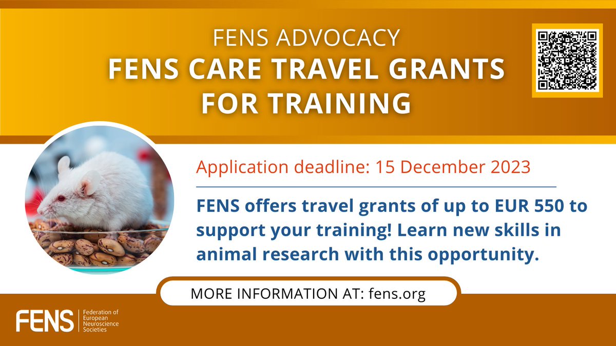 🔬 Get ready to discover new #funding opportunities! FENS CARE offers travel grants of up to EUR 550 to #FENSmembers to support their training to learn new skills in the use of animals in #research.

🗓️ Apply by 15 December! loom.ly/s1kH_H4 

@CBaunez @NeuRoman_cer