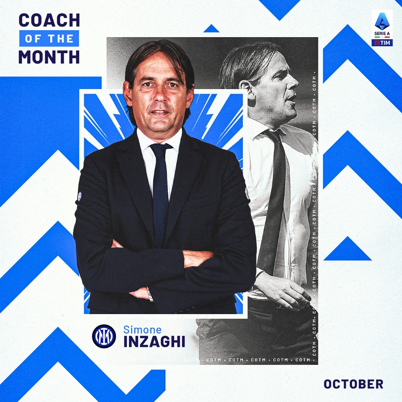 SerieA's tweet photo. 🏆 Il premio 𝑪𝒐𝒂𝒄𝒉 𝑶𝒇 𝑻𝒉𝒆 𝑴𝒐𝒏𝒕𝒉 di ottobre è stato assegnato all’allenatore dell’Inter Simone Inzaghi 👏

#SerieATIM 💎