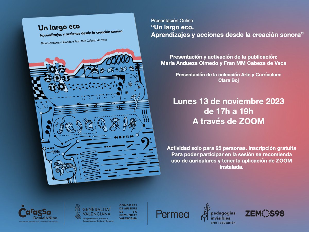 El próximo 13 de noviembre presentamos online la publicación “Un largo eco. Aprendizajes y acciones desde la creación sonora” co-editada por <a href="/ConsorcioMuseos/">Consorcio Museos CV</a> y PLANEA con activación de sus autorxs

Inscripción gratuita.

Solo para 25 personas 👇
forms.gle/emYENEtwCWPMru…