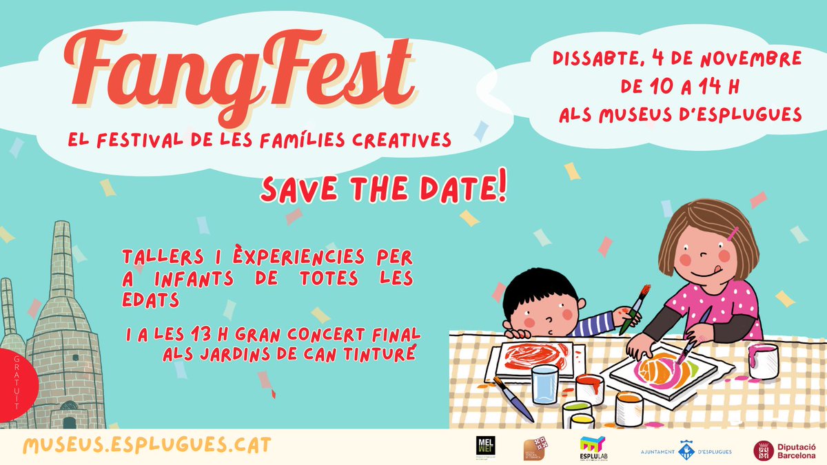 ajesplugues's tweet photo. 📢No t'oblidis‼️
🗓️Demà, dissabte 4 de novembre, a #Esplugues tenim el '#FangFest. El festival de les famílies creatives'‼️
⌚️10-14 h
@MuseusEsplugues
🎶 A partir de les 12.30 gaudirem amb el concert de @elsatrapasomnis als Jardins de Can Tinturé!
➕ℹ️ https://t.co/kQDKfnkwhJ https://t.co/FVgkhiK8uX