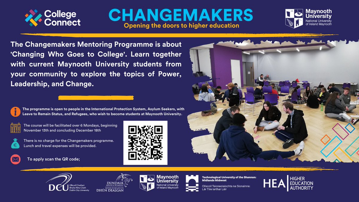College_Connect (@mend_cc) on Twitter photo Changemakers is returning to <a href="/MaynoothUni/">Maynooth University</a> for people with experience of the protection system.
If you are interested in beginning or returning to #HigherEducation Changemakers is a good start for your education journey.
To register follow the link
bit.ly/3MoNacL Changemakers is returning to <a href="/MaynoothUni/">Maynooth University</a> for people with experience of the protection system.
If you are interested in beginning or returning to #HigherEducation Changemakers is a good start for your education journey.
To register follow the link
bit.ly/3MoNacL