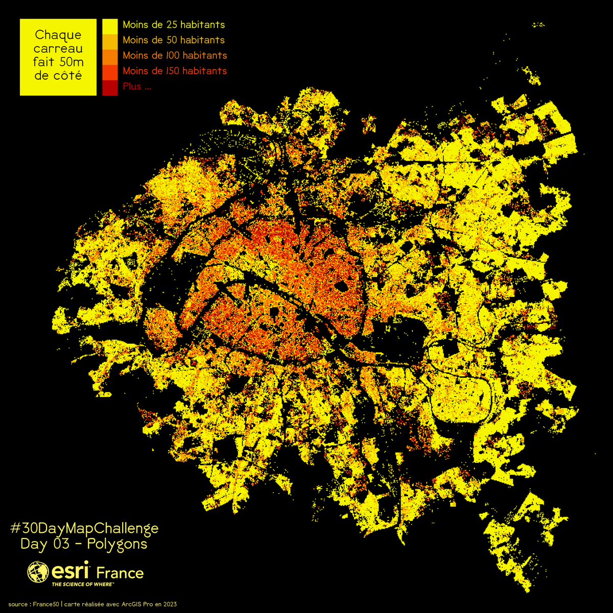 #30DayMapChallenge
Jour 3 : #Polygons

6 701 138 personnes réparties dans 144 667 petits carreaux de 50m de côté.

#ArcGISPro #Cartographie #EsriFrance