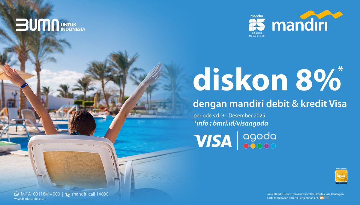 bankmandiri's tweet photo. Sekarang pemesanan hotel di Agoda bisa lebih hemat loh, ada diskon 8% jika kamu menggunakan kartu debit & kartu kredit Mandiri!
Promo berlaku s.d. 31 Desember 2025 ya. Yuk, langsung pilih hotelnya π©
Info: https://t.co/cbFHHT4wAr
#MandiriPromo #PromoLengkAPP https://t.co/U1ExEPtac8